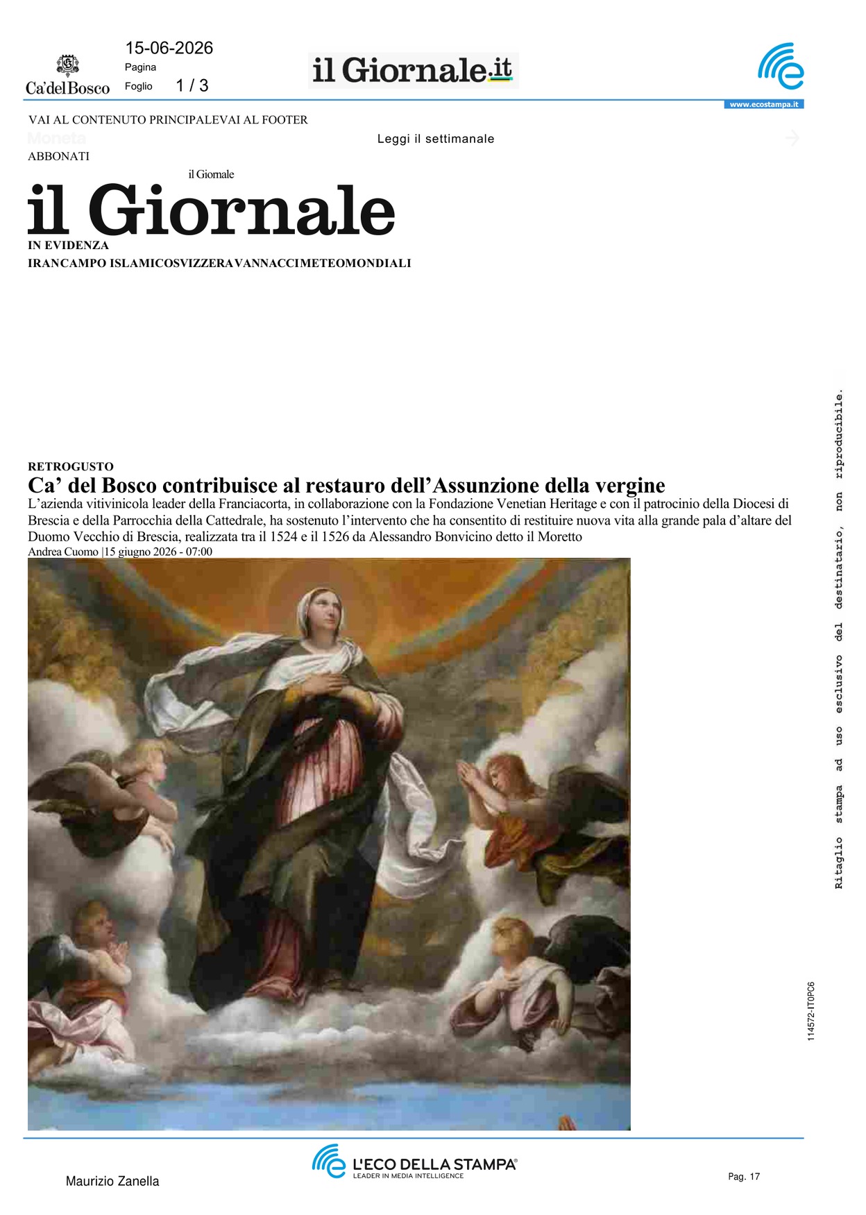 Ca’ del Bosco contribuisce al restauro [..]